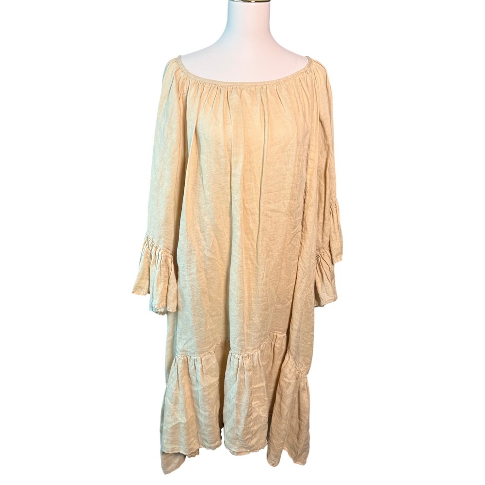 Myrah Penaloza OS Beige 100% Linen Ruffle Bell Sleeve Boho Midi Dress Handmade